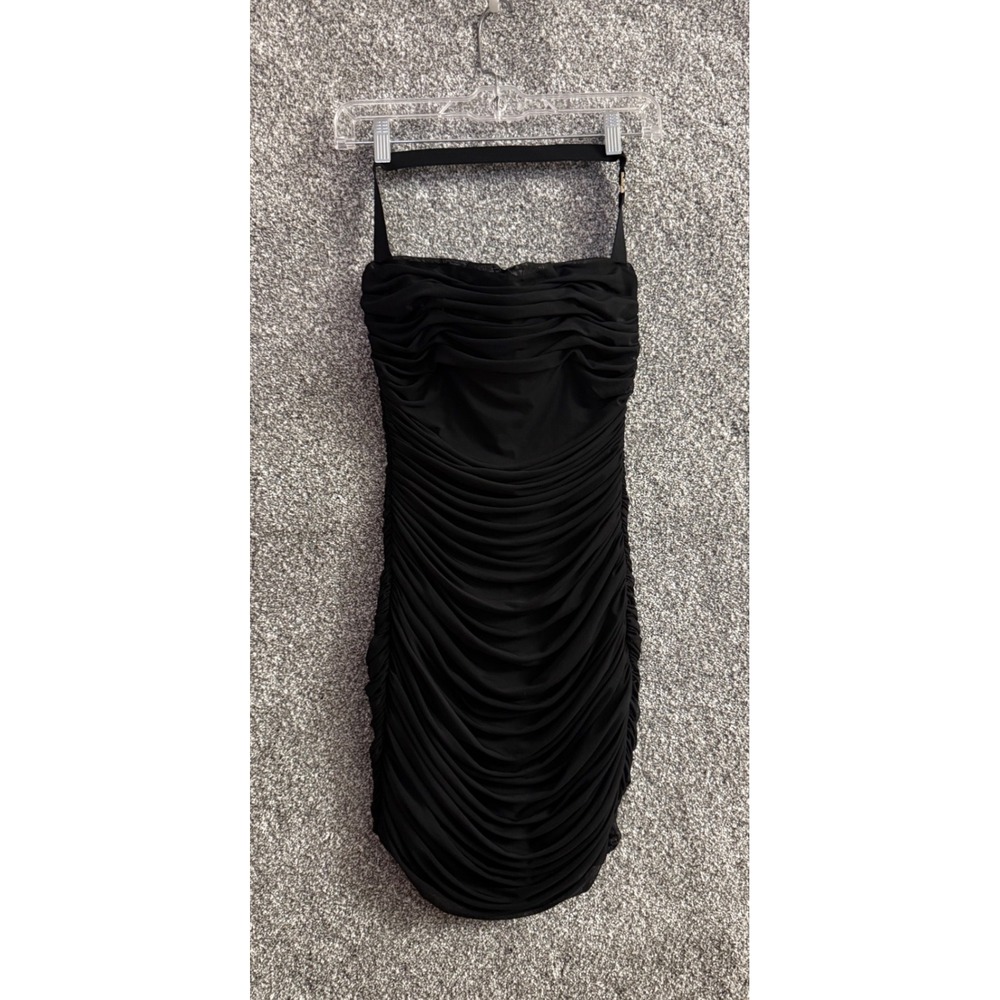 Babaton Ruched Mesh Mini Dress 2 Black Halter Gold Clasp Bodycon LBD Chic